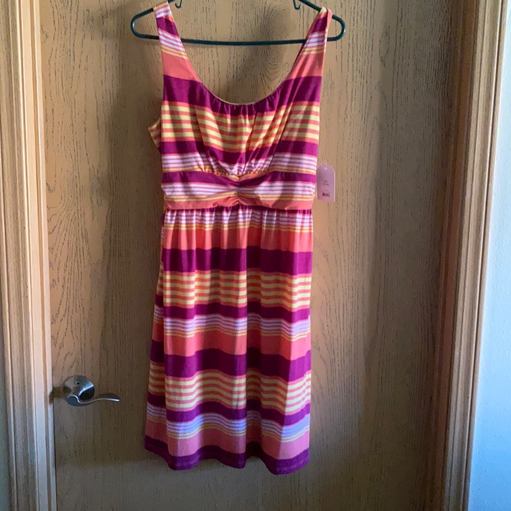 NWT Striped Sleeveless Dress (Reddish-Plum, Coral,White & Yellow- Size 12-14)